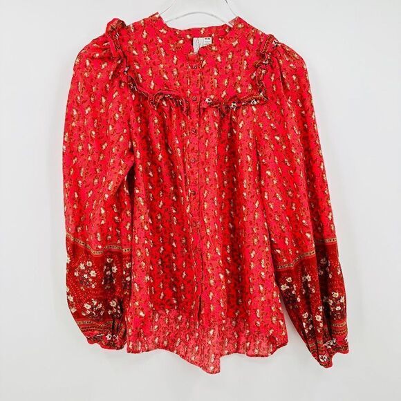 Joie Size Medium Pink Ruffled Long Sleeve Printed Button Down Blouse Top - Picture 1 of 9